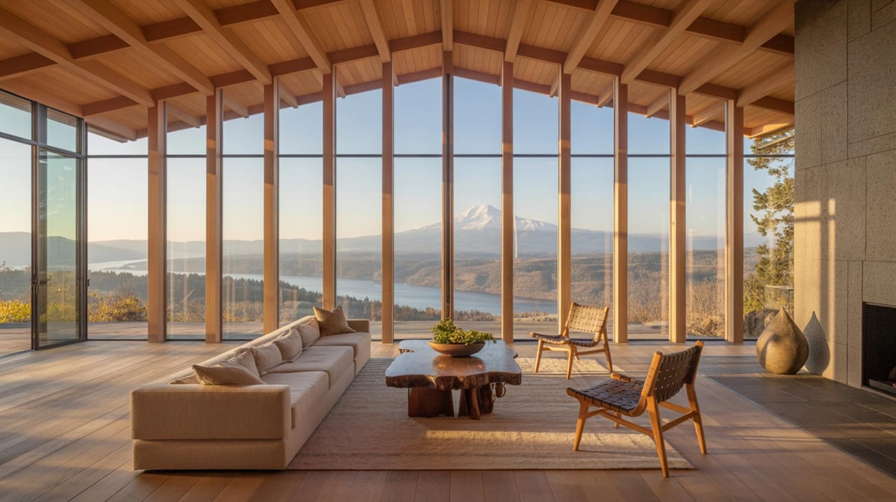 Modern living room with a timber ceiling and floor-to-ceiling windows overlooking a lake and snow-capped mountain.