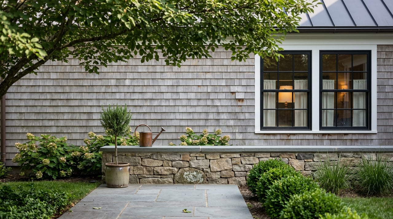 Bluestone garden path beside a fieldstone wall, cedar-shingled home, and serviceberry canopy.