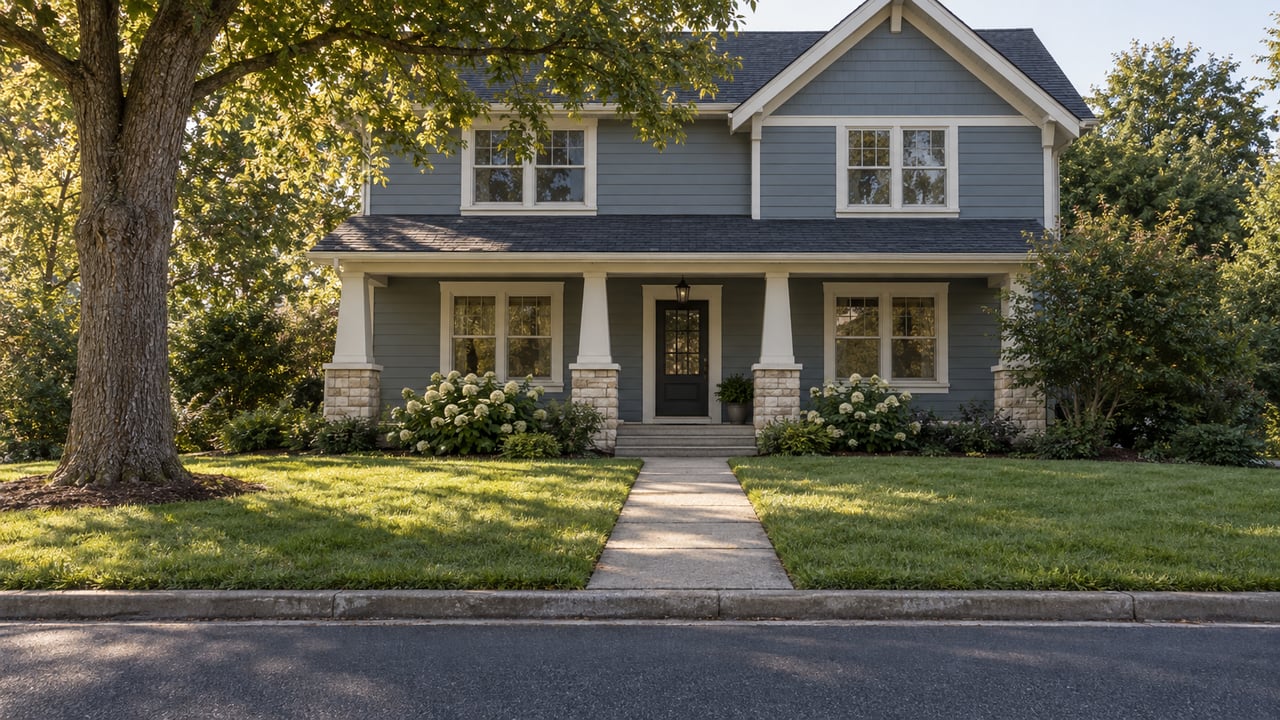 Blue-gray two-story gabled house behind a deep lawn, with a straight walkway and mature tree.