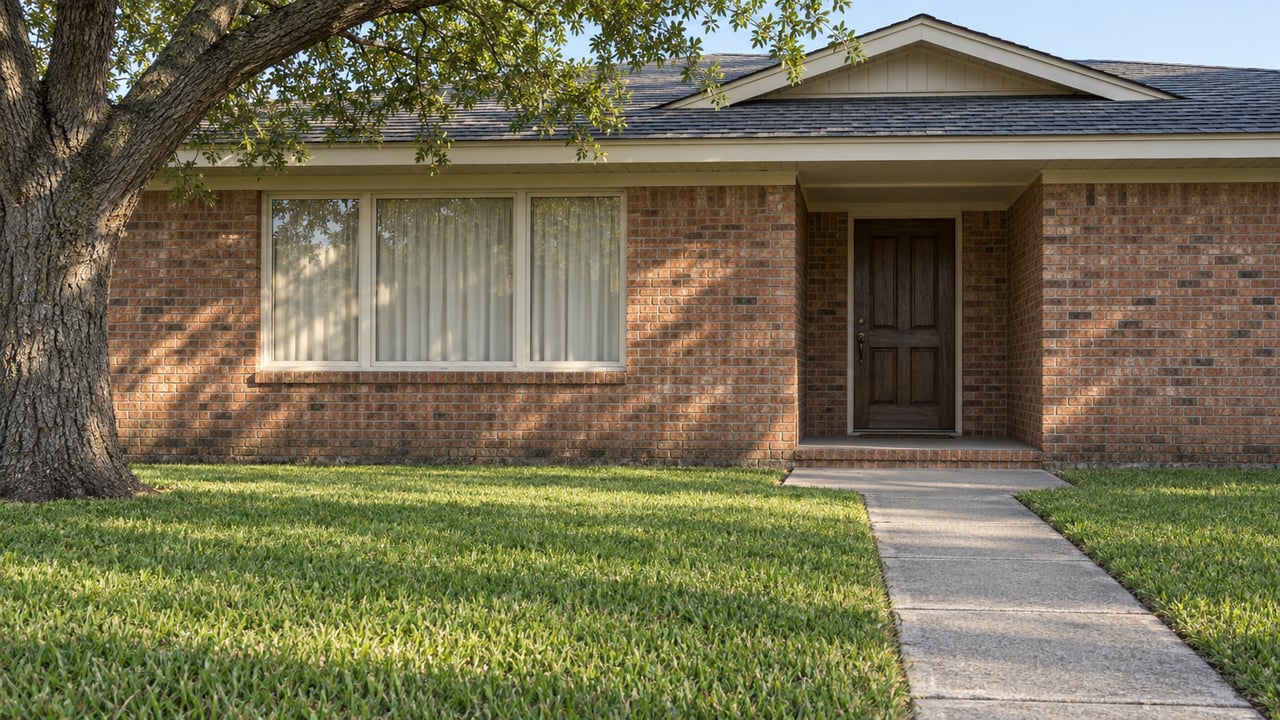 A russet-brick ranch home with a sheltered wood front door, cream window frames, a broad lawn, and a mature spreading oak.