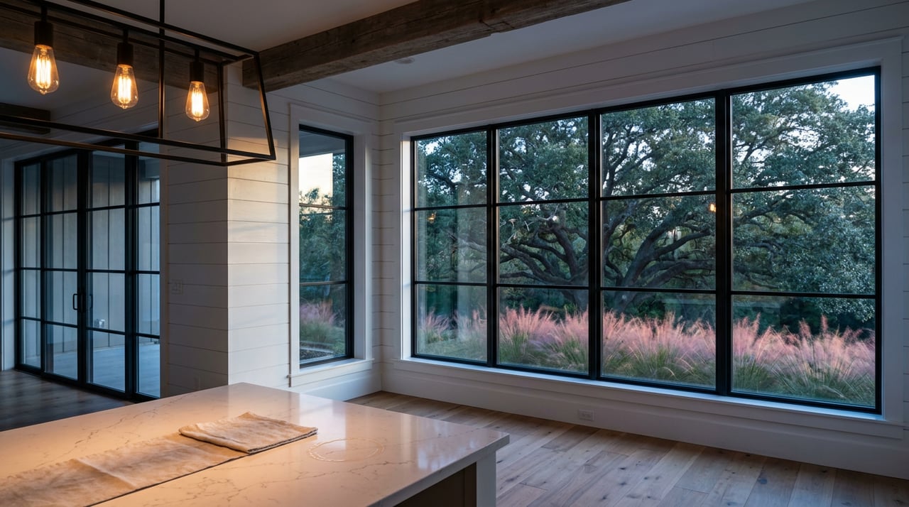 Farmhouse great room with a black linear chandelier, shiplap walls, and steel-framed windows overlooking a live oak.