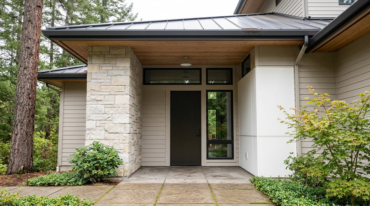 Recessed entry with a dark door, pale stone column, cedar soffit, and paver walkway framed by pine and maple.
