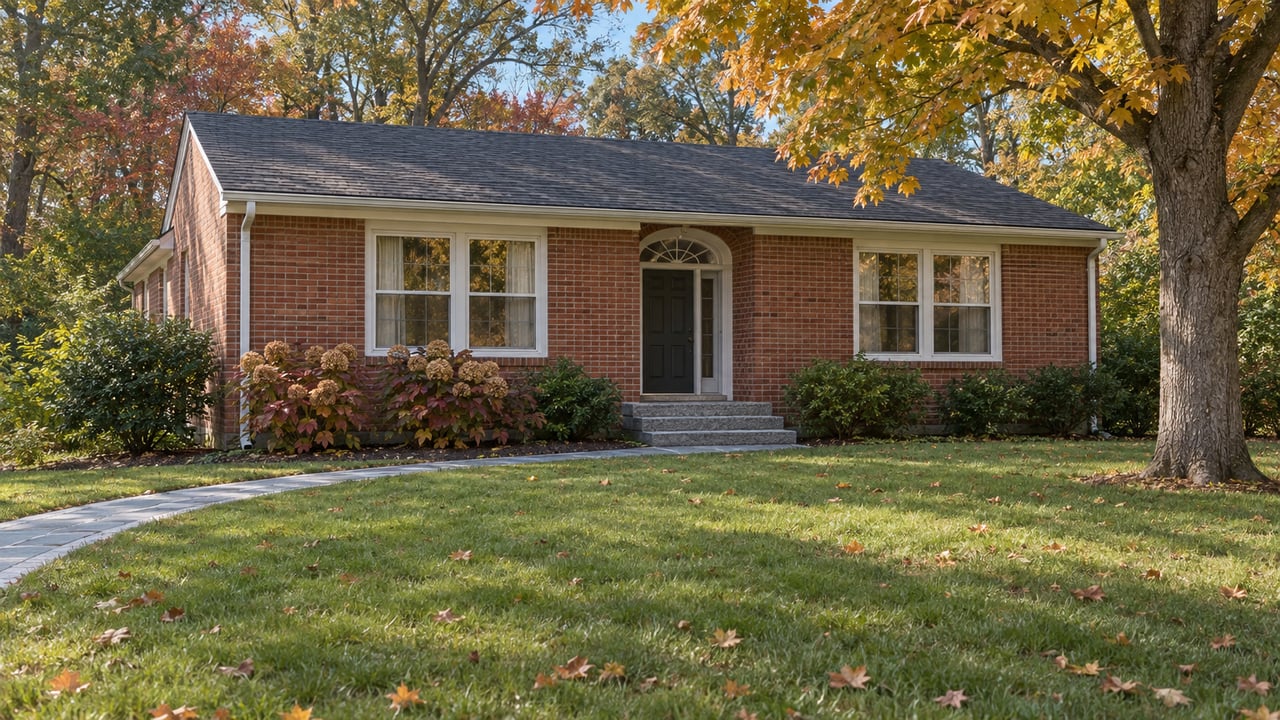 Updated single-story brick home beyond a deep autumn lawn, with granite entry steps, dark front door, and a mature maple.