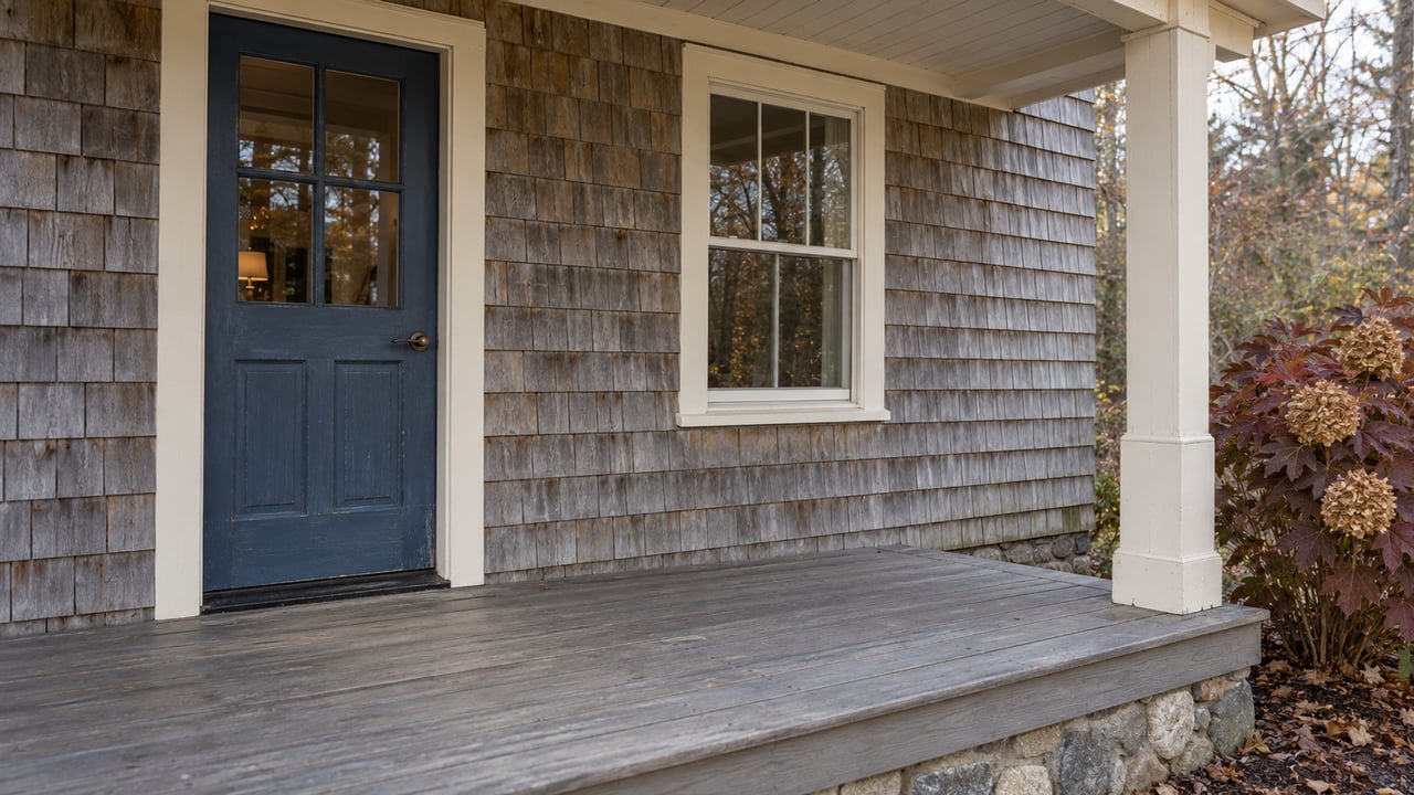 Weathered cedar-shingle home entrance with a blue glazed door, ivory trim and a raised wooden porch above a stone foundation.