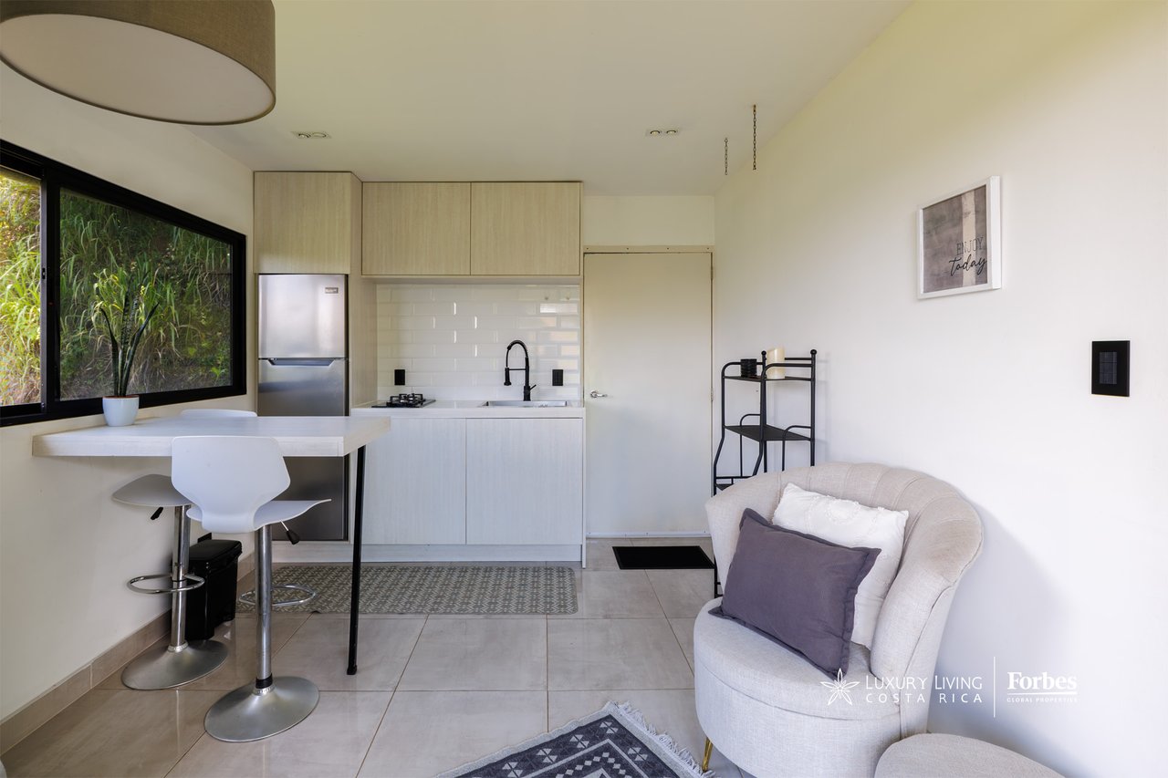 Compact modern kitchen and living area with a breakfast bar, cream armchair, and large window overlooking greenery.