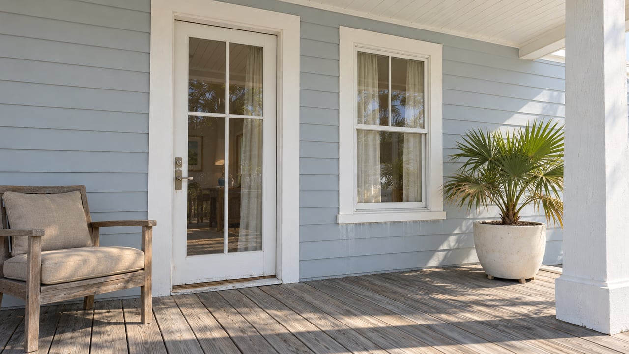 Sunlit pale blue-gray house entry on a weathered covered porch, with a teak chair and a potted dwarf palmetto.