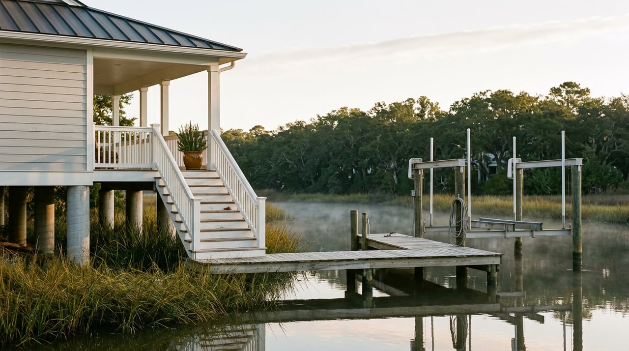 A gray coastal home’s porch stairs descend to a weathered dock beside calm, tree-lined water.
