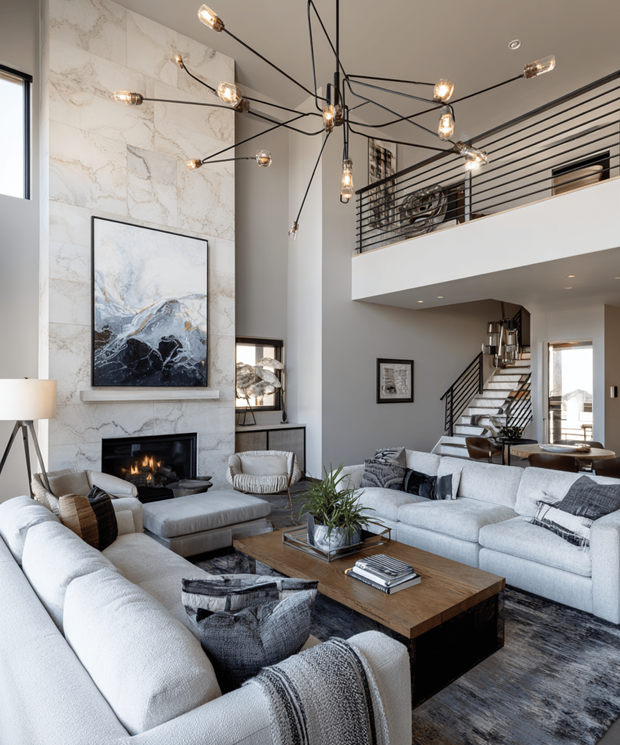 Double-height living room with a white sectional, marble fireplace, sculptural lights, and open staircase.
