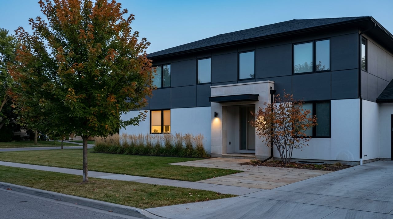 Modern home with charcoal and white facade, a warm glowing window, and an orange-tipped maple at dusk.
