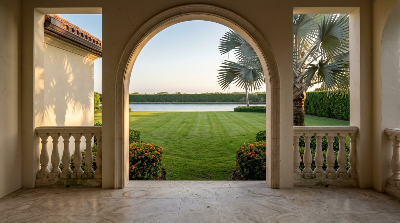 Stone loggia arch frames a manicured lawn, narrow waterway, clipped hedge, and silver-blue palm fronds.
