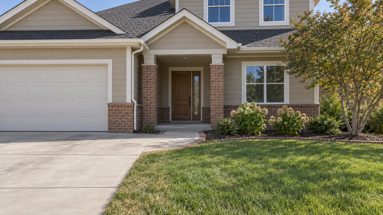 Tan-sided home with brick porch piers, overlapping shingled gables and a curved concrete walk beside a deep green lawn.