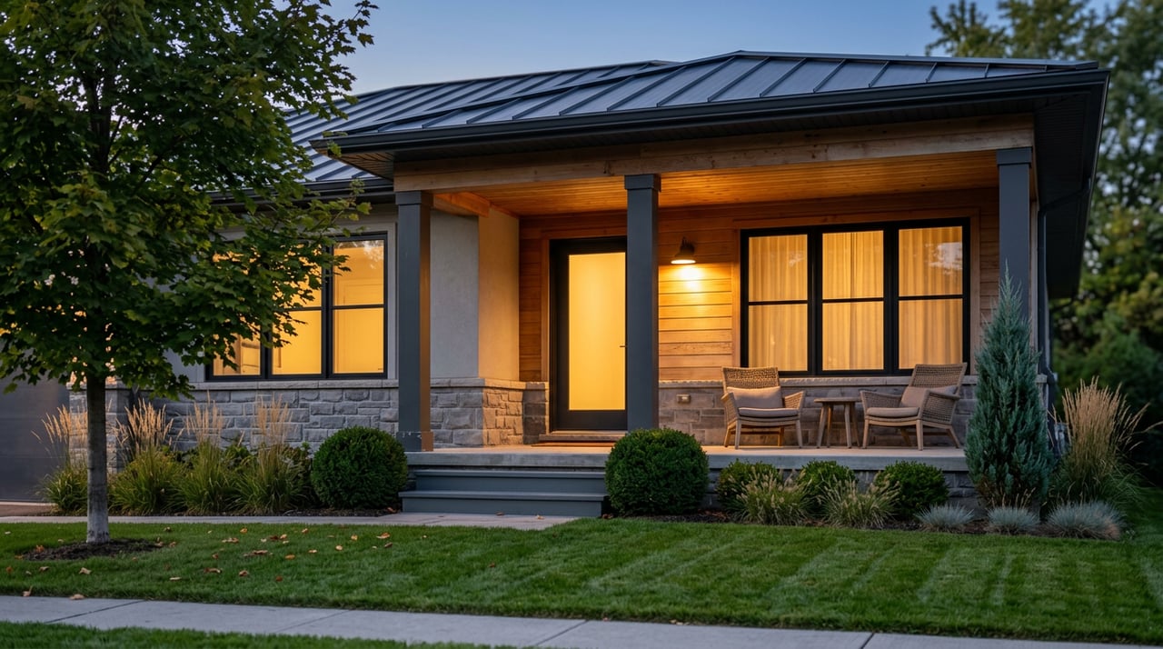 Covered porch with glowing windows, woven chairs, stone base, cedar ceiling, and clipped shrubs at dusk.