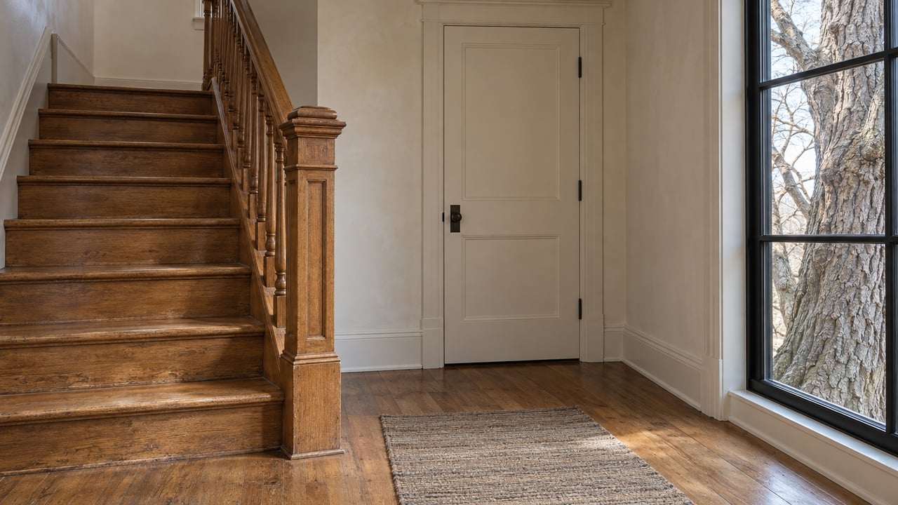 Oak staircase beside an ivory plaster wall, closed doorway, and tall window framing a bur oak.