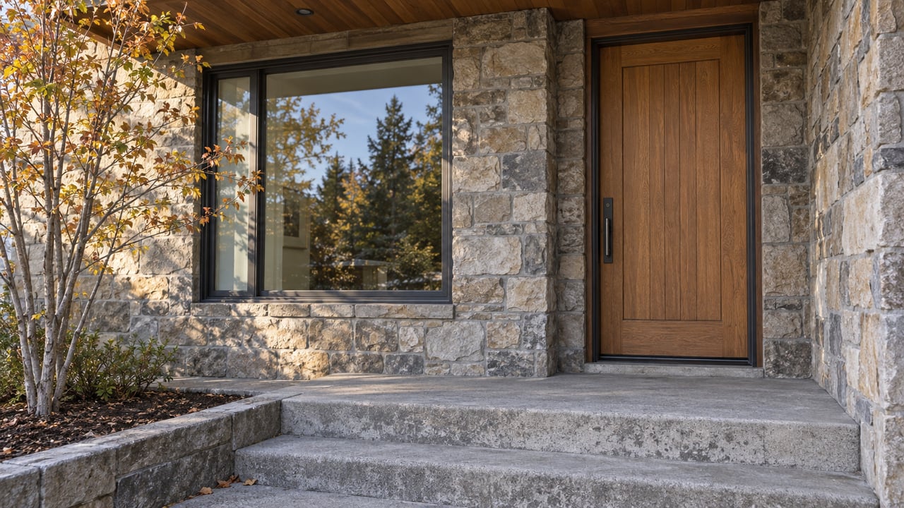 Autumn light on an oak front door, stone porch wall and concrete steps beside a copper-leaved serviceberry.