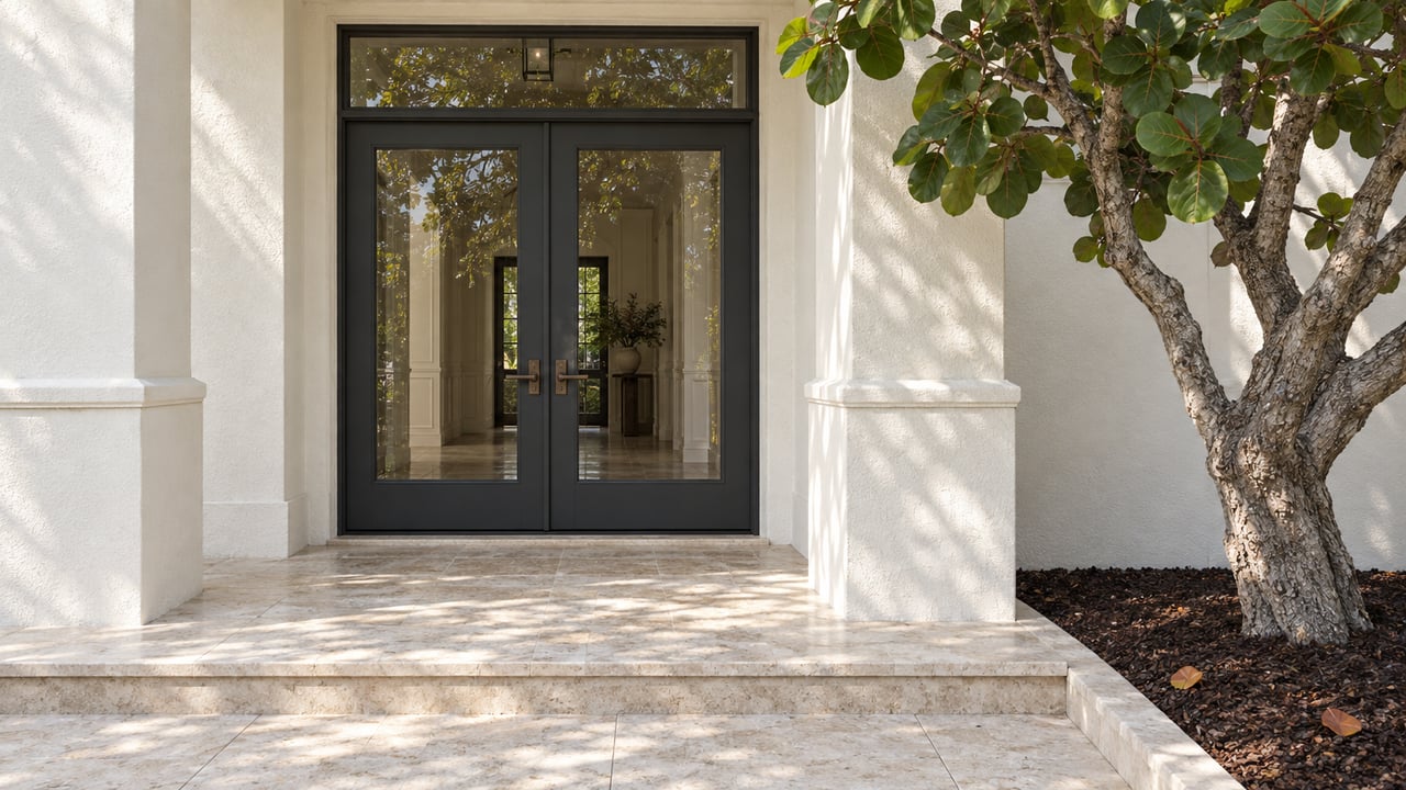 White stucco home entrance with charcoal French doors, pale limestone steps and a sculptural sea grape tree in morning light.