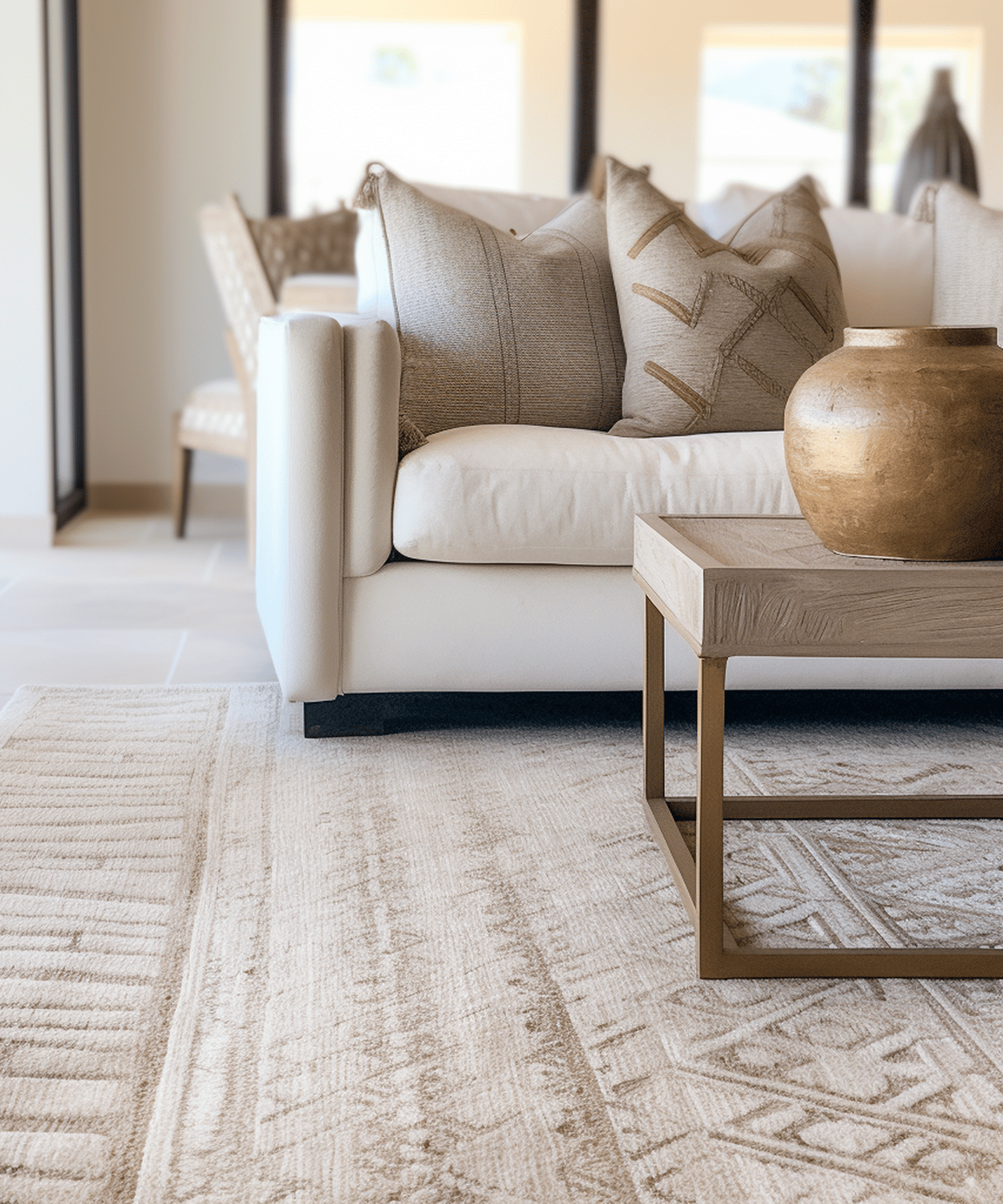 Living room with a cream sofa, patterned neutral rug, and coffee table with a ceramic vase.