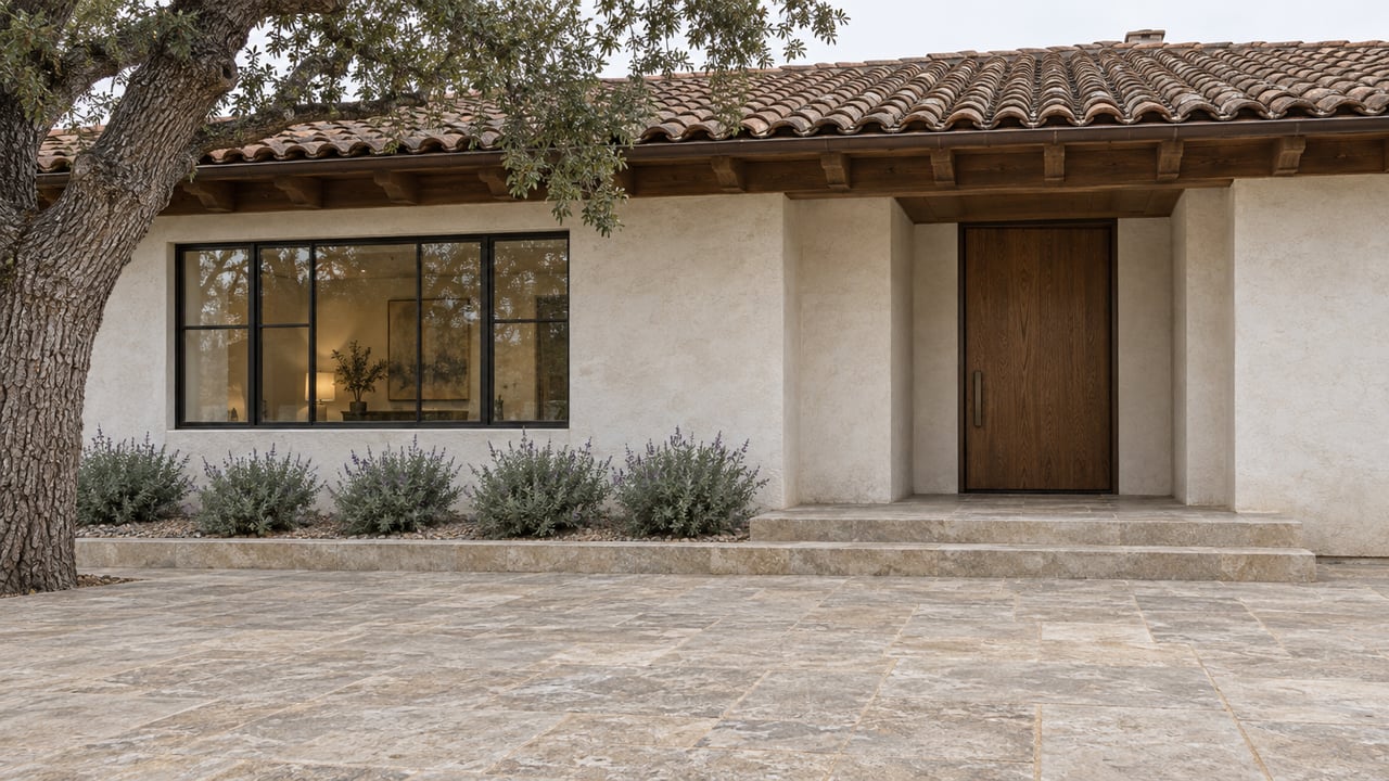 Broad limestone arrival terrace leading to a recessed oak entry beneath clay roof tiles, beside an oak tree and low silver-green sage.