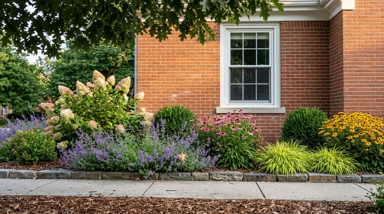 Layered summer perennials edge a bluestone path beneath a white-trimmed window in a red-brick home.