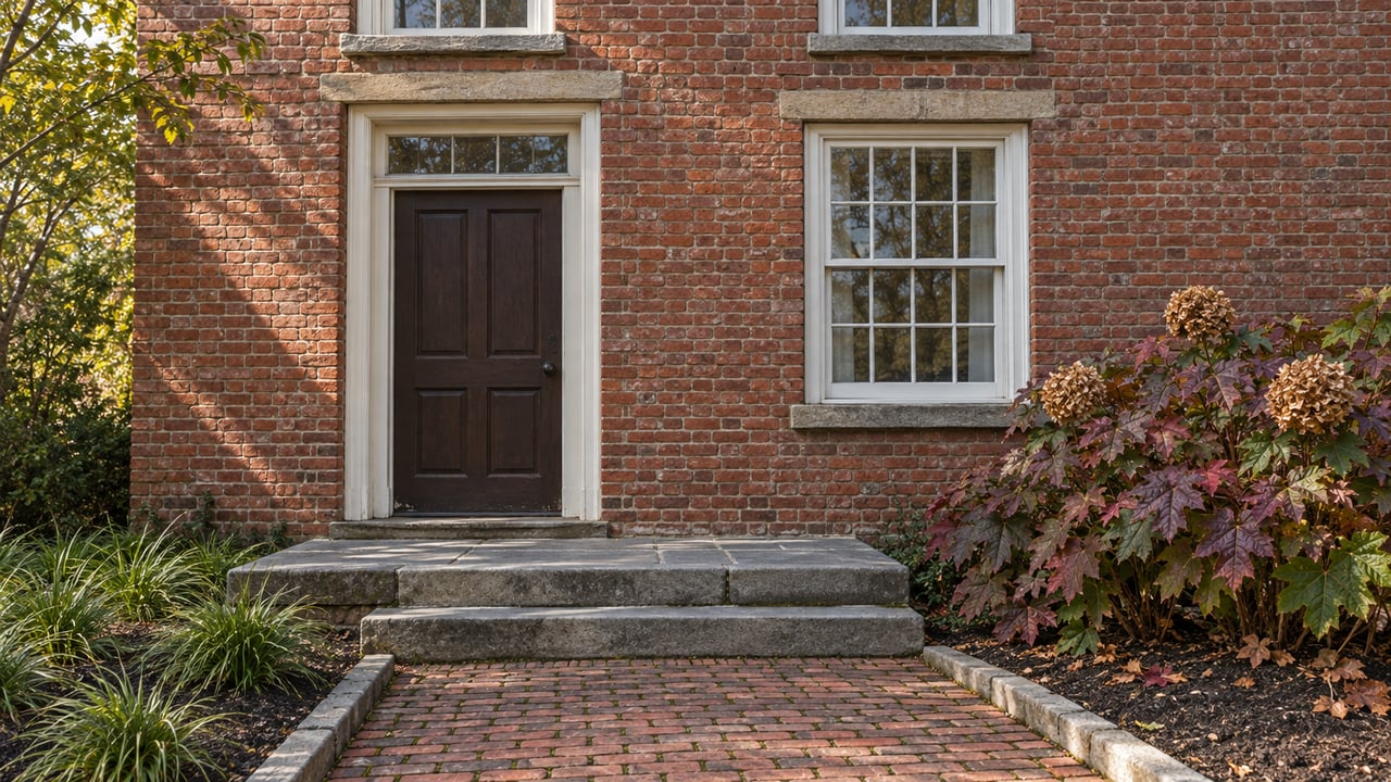 Weathered red-brick home with traditional white sash windows, a brown paneled door, stone entry steps, and autumn oakleaf hydrangea.
