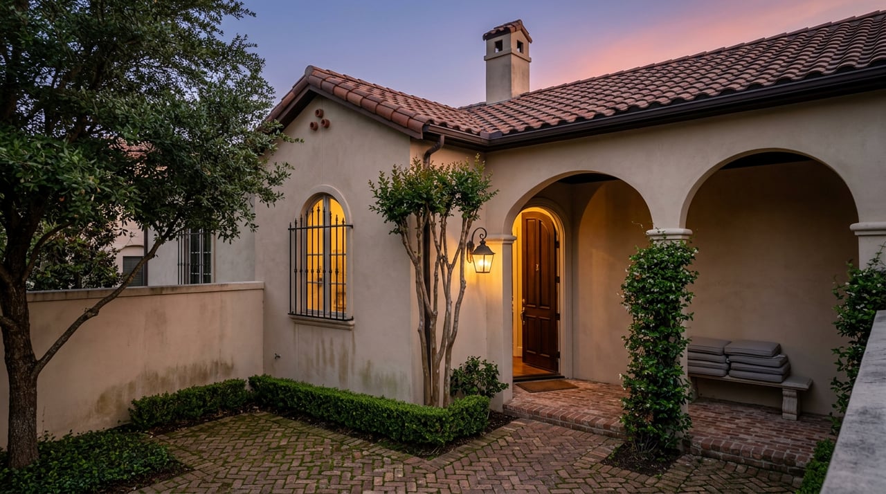 Two-story stucco home with a tiled roof and arched loggia overlooking a brick courtyard at dusk.