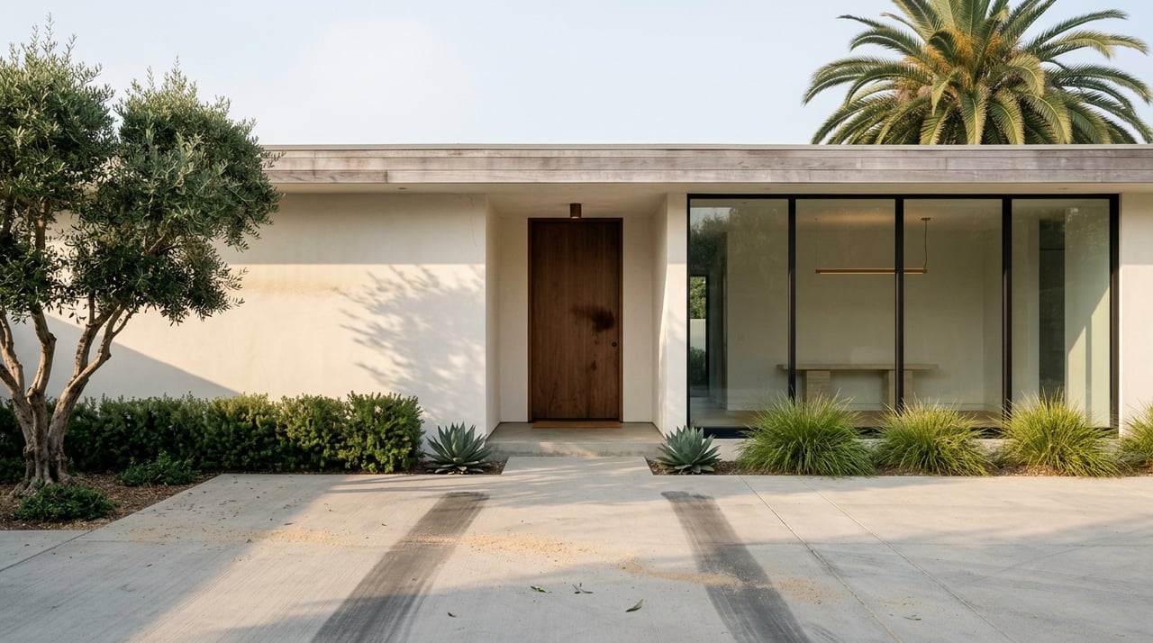 Single-story mid-century home with walnut entry, broad glass windows, olive tree, and palm rising behind the roof.