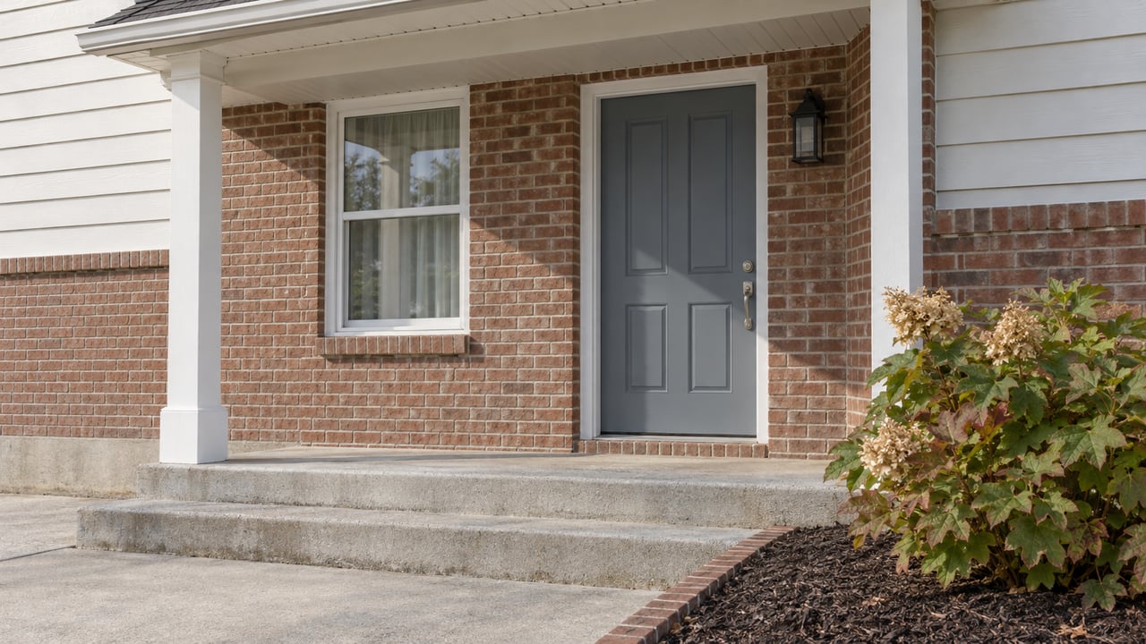 Slate-blue front door beneath a small covered porch, with red-brown brick, off-white siding, concrete steps and an oakleaf hydrangea.