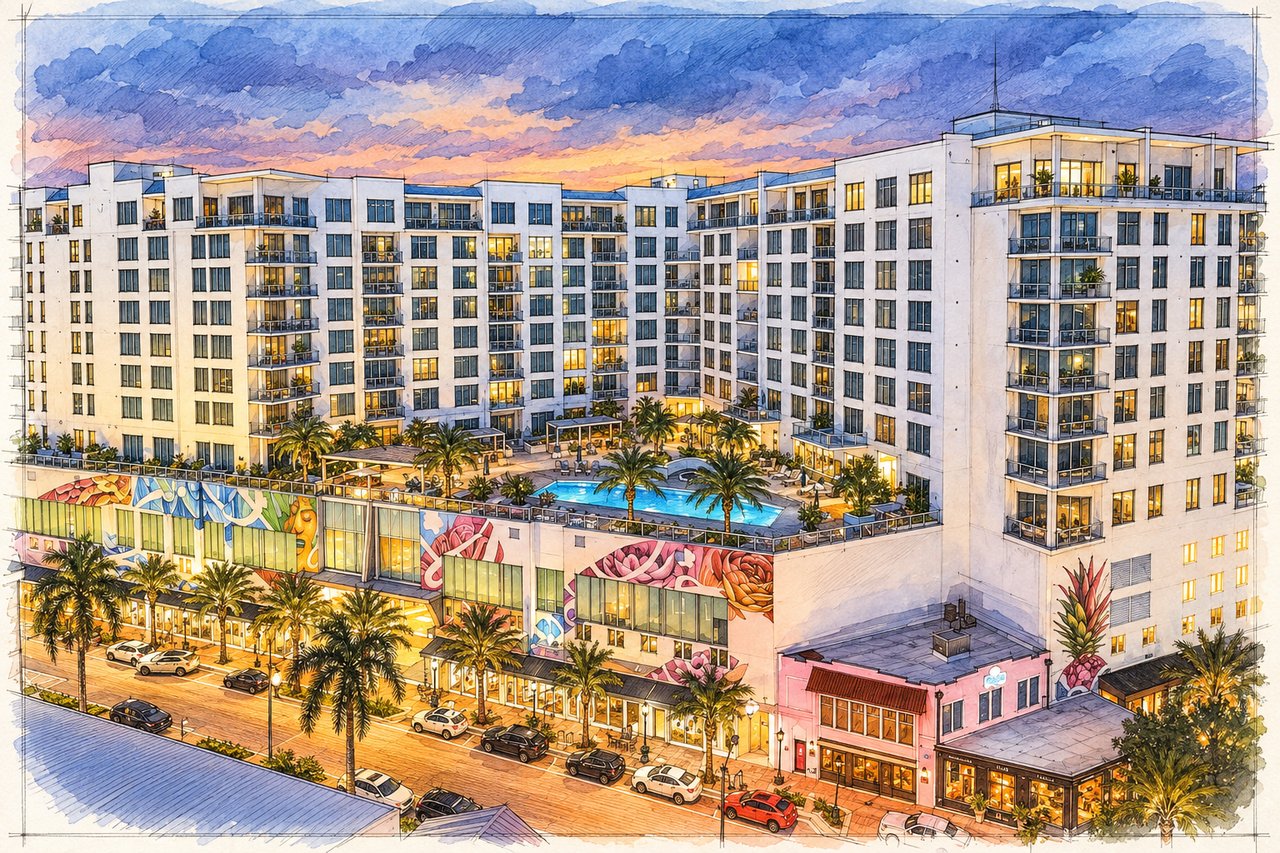 The Mark Sarasota rendering with a pool courtyard and colorful street-level murals.