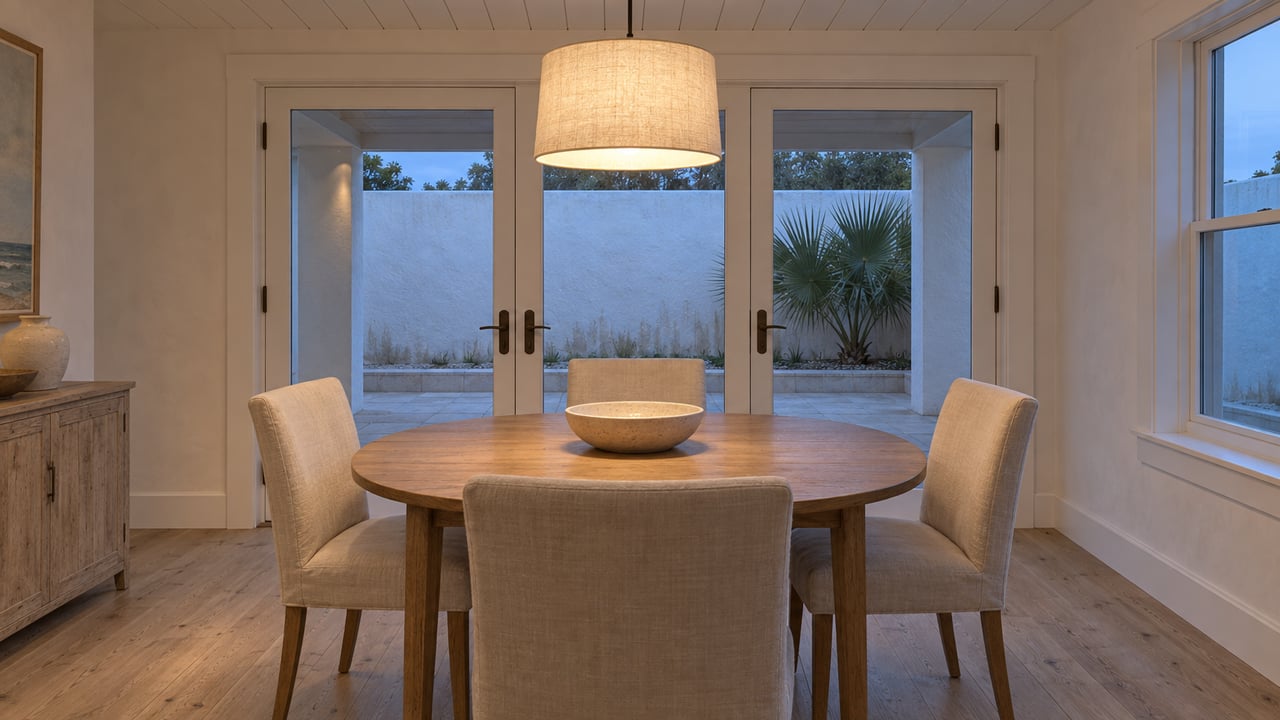 An oak dining table with four ivory chairs beneath a warm pendant, beside closed glass doors overlooking a pale stucco courtyard at dusk.