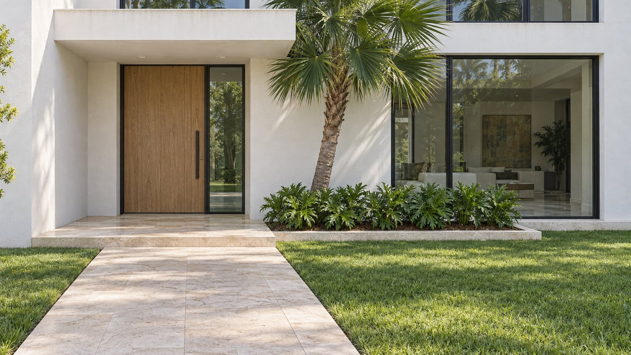 Sunlit white stucco home entrance with an oak door, black-framed glazing, limestone approach and a single fan palm.