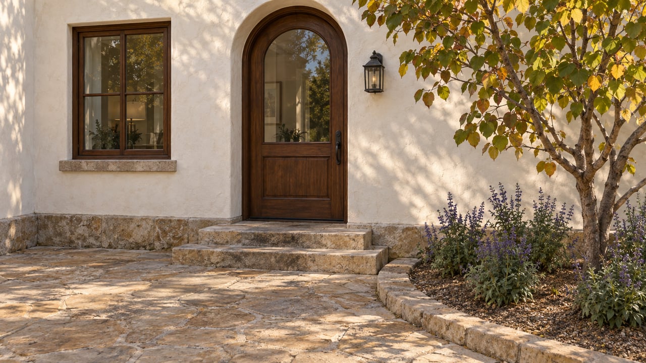 Sunlit stucco home entrance with an arched wood-and-glass door, worn stone steps, and a flowering redbud tree in a curved planting bed.