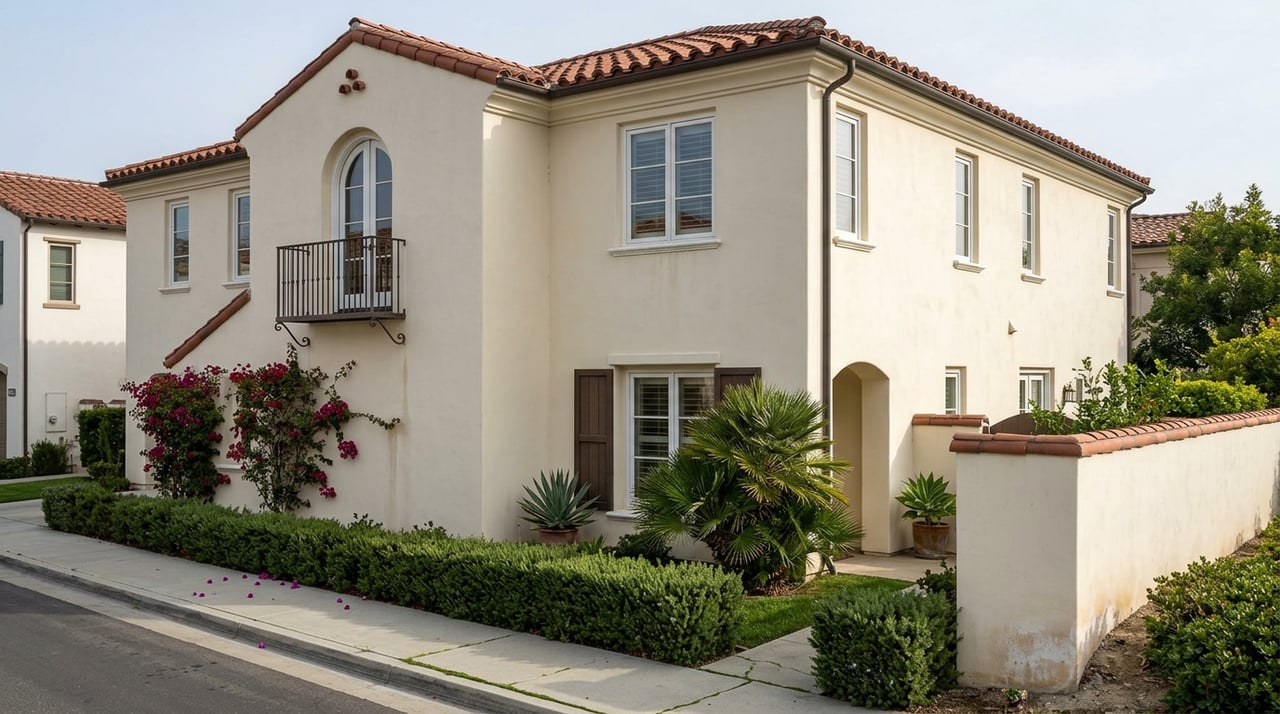 Two-story Spanish Revival home with terracotta roof, arched window, wrought-iron balcony, and compact landscaped garden.