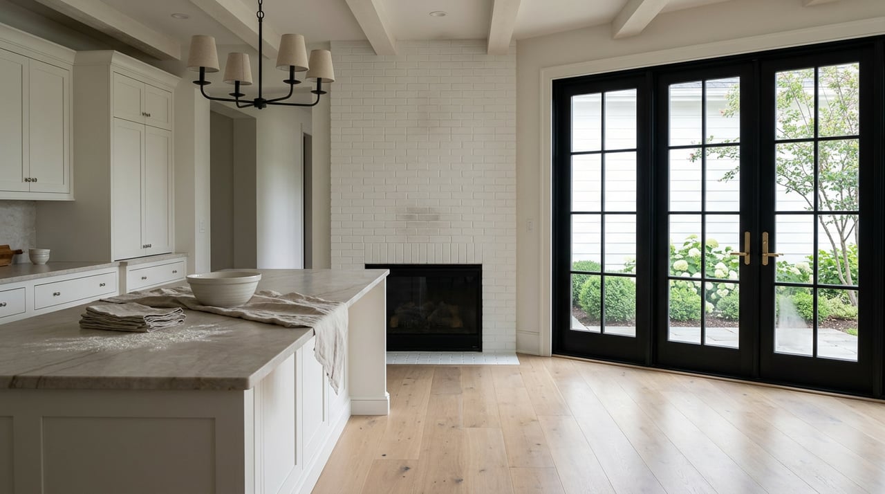 Open-plan kitchen with white shaker cabinets, a brick fireplace, and glazed doors overlooking hydrangeas and boxwood.