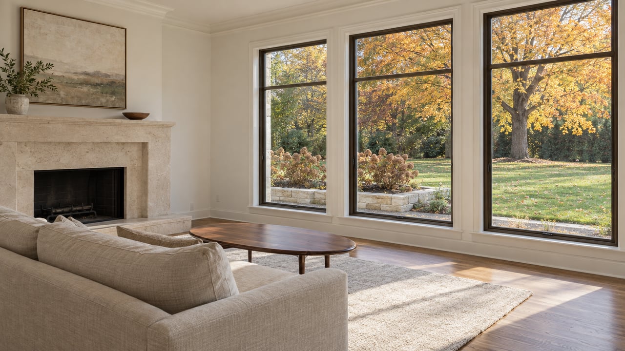 Sunlit living room with a limestone fireplace, linen sofa and oak floors overlooking an autumn lawn through tall closed windows.