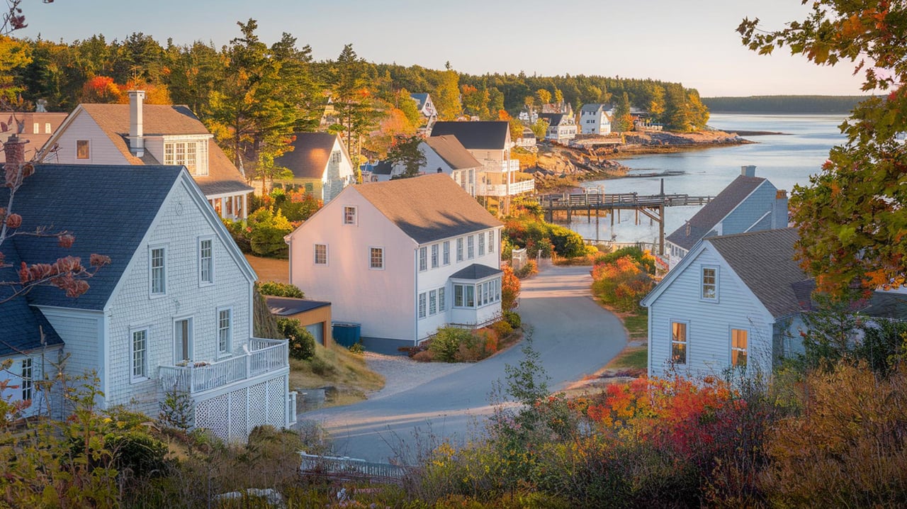 Coastal village homes line a winding road beside a calm inlet and small docks.