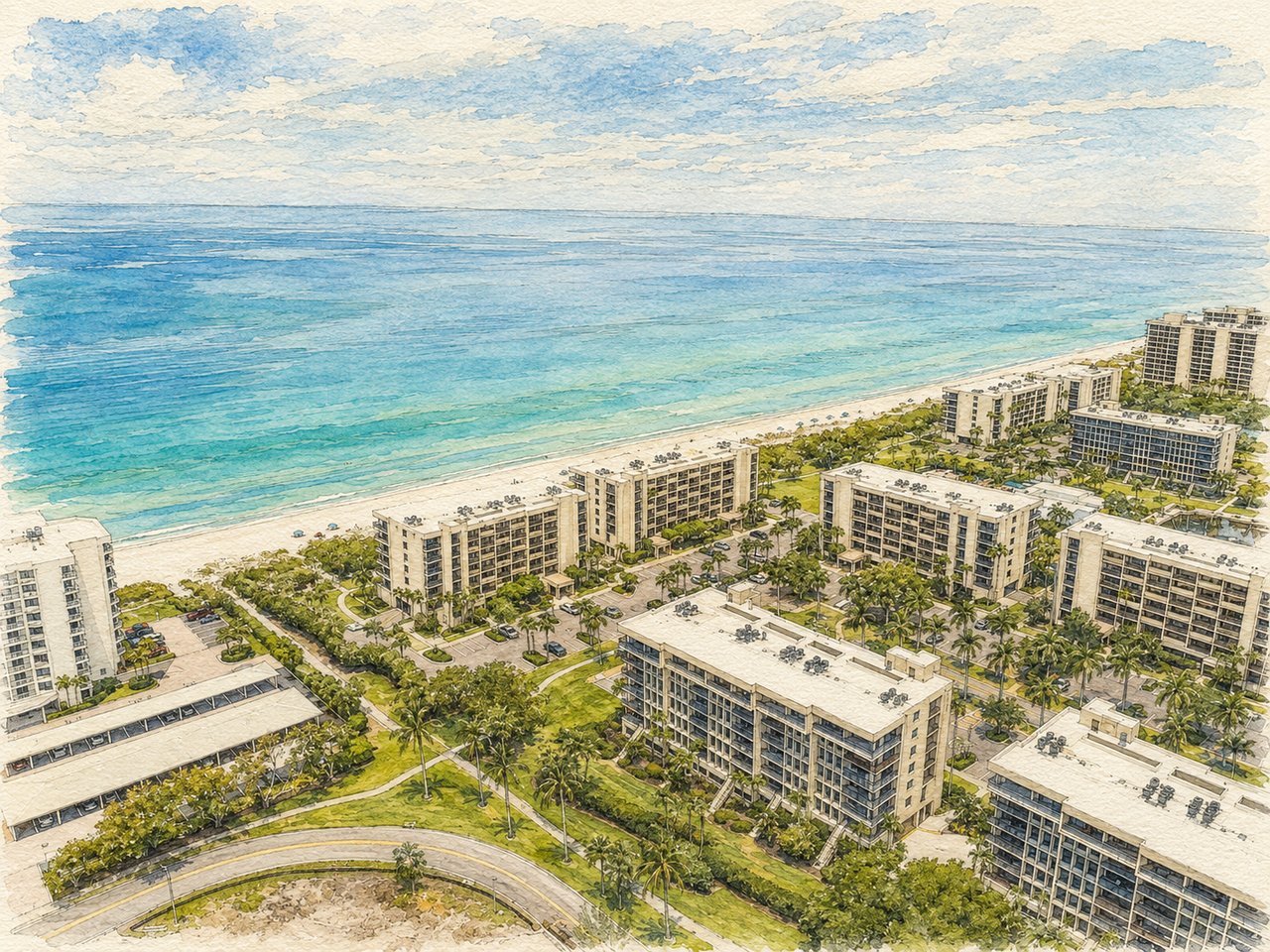 Aerial view of beachfront condominiums beside turquoise water, with palm-lined grounds and a sandy shore.