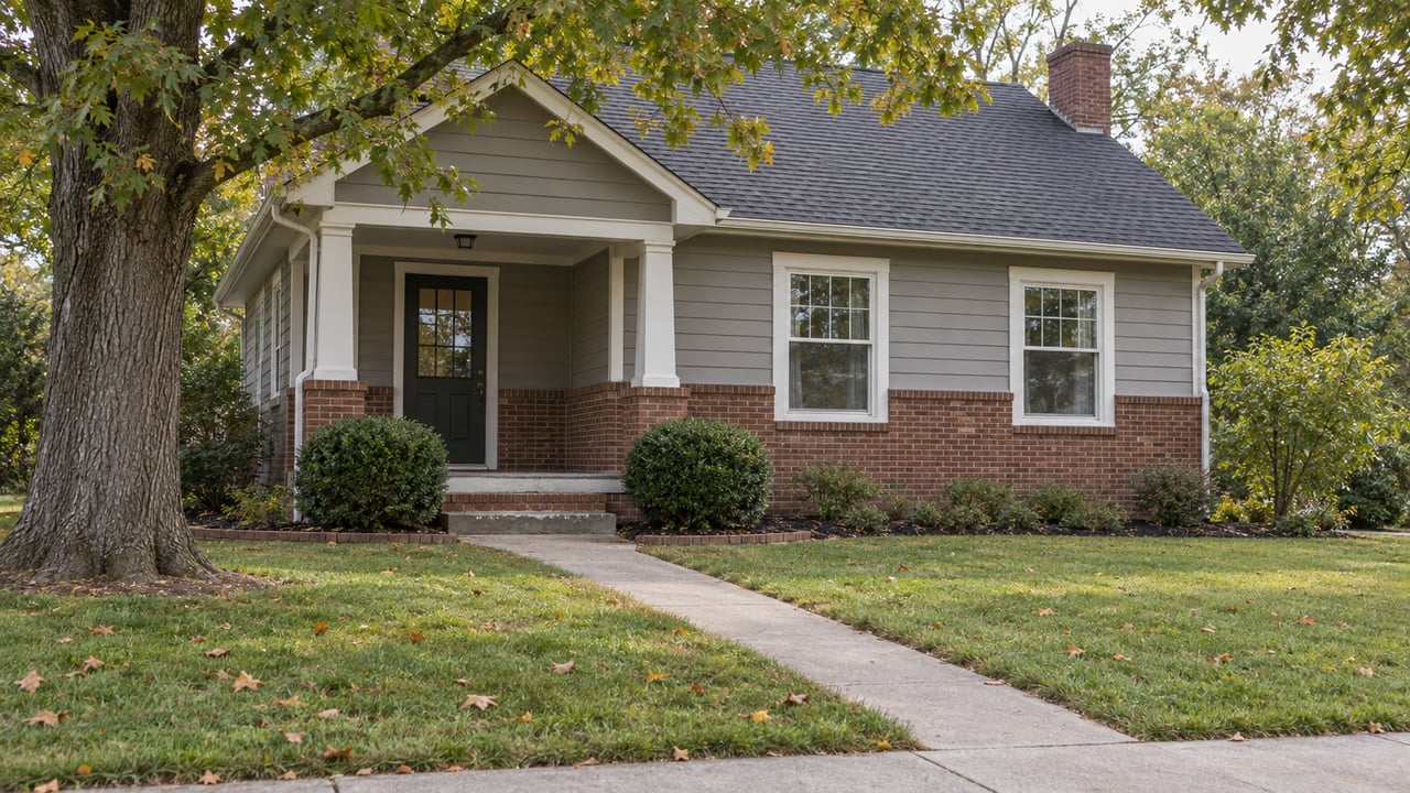 Modest brick-and-gray-sided house with a covered porch, lawn, concrete walk, and mature oak tree.