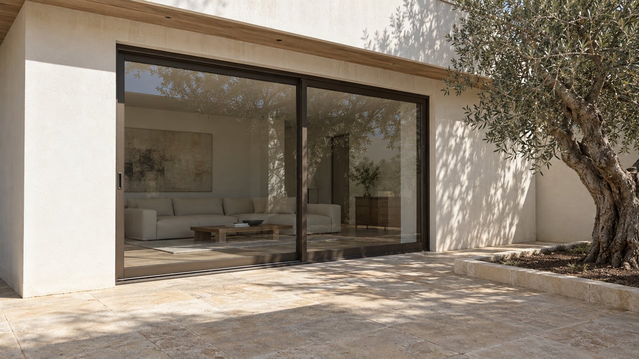 Modern home with sliding glass doors, a stone patio, and an olive tree casting shadows.