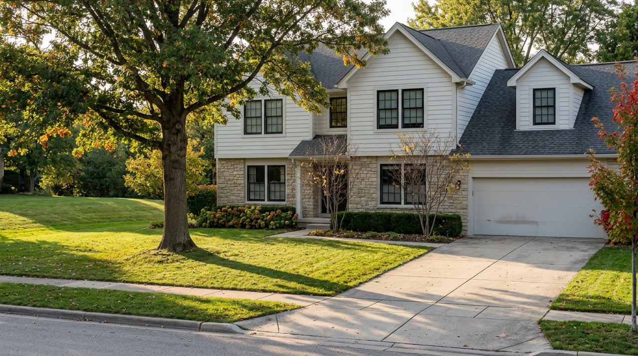 Two-story stone-and-white-sided house beyond a broad lawn, with a mature oak casting long shadows.