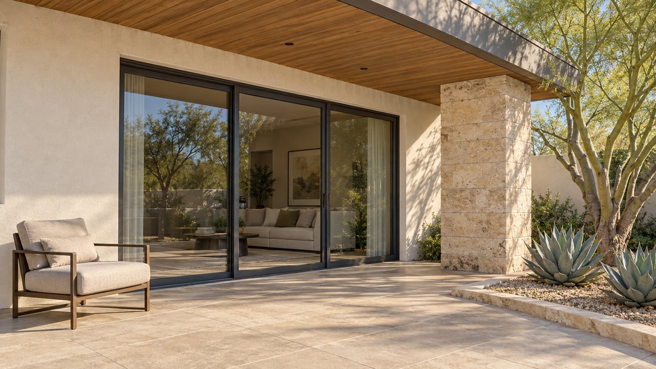 Sunlit covered terrace with ivory stucco, limestone support, closed glass doors, a lounge chair, and sculptural desert planting.