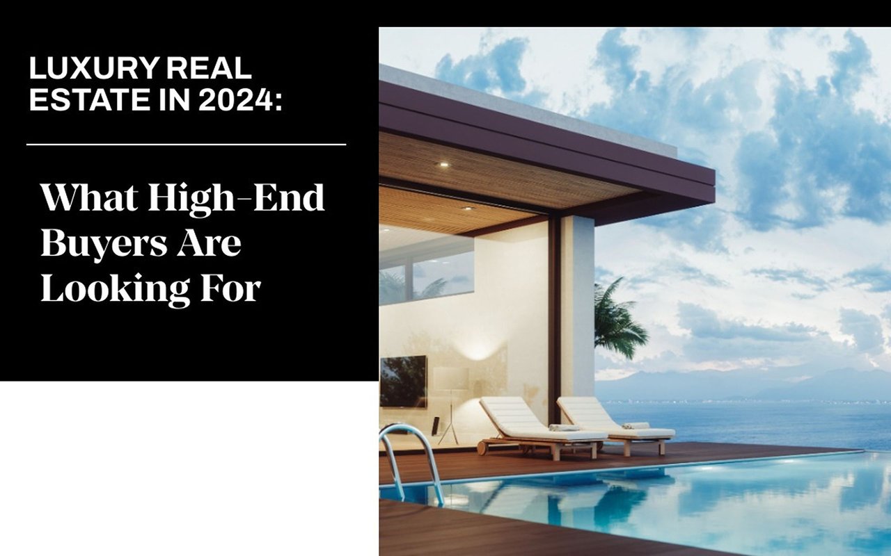 Luxury real estate trends headline beside a modern coastal home with an infinity pool and ocean view.