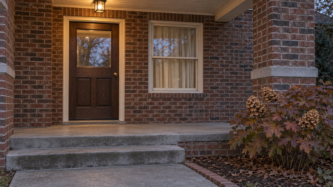 A modest brick home's covered entry at dusk, with a wooden door, cream window trim, worn concrete steps and an oakleaf hydrangea.