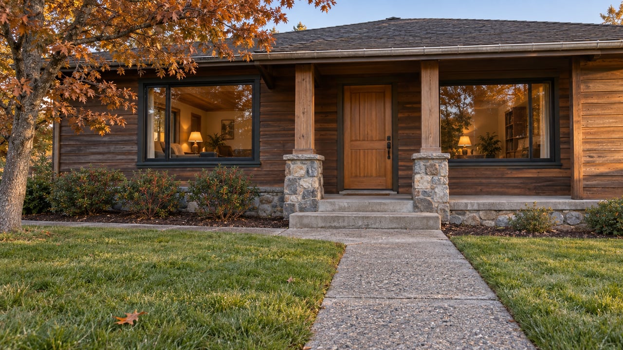 A cedar-sided single-story house with a covered concrete porch, warmly lit windows, an oak tree, and a deep autumn lawn at dusk.