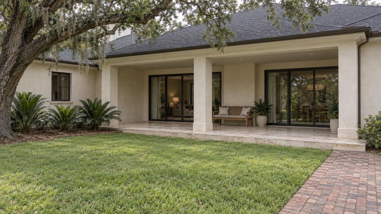 Ivory stucco home with a covered limestone lanai, bronze-framed glass doors and a deep lawn beneath a mature spreading oak.
