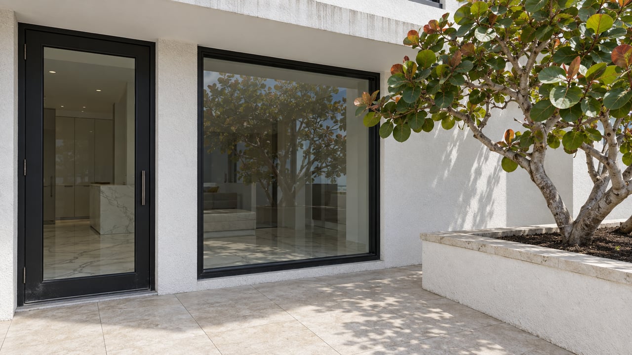 Sunlit white condominium entry with black-framed glass, pale terrace paving, and a sculptural sea grape tree in a raised stone-capped planter.