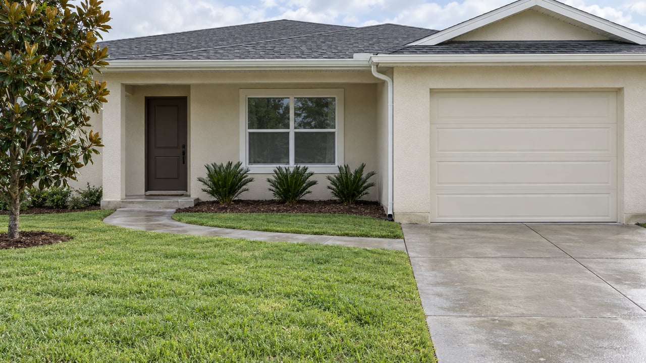 Ivory stucco single-story home with a recessed entry, cream garage door, broad lawn and concrete approach after rain.