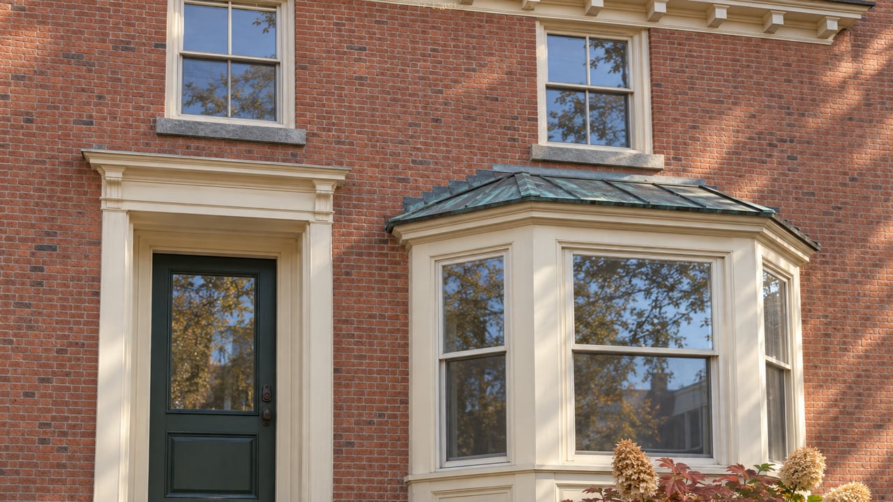 Red brick residential facade with a green glazed door, granite entry steps, cream-trimmed bay windows, and burgundy oakleaf hydrangea.