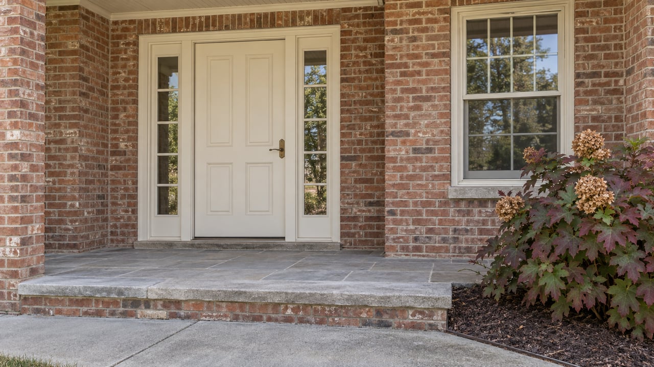 Traditional brick home entrance with cream door, matching glazed sidelights, limestone steps and an autumn oakleaf hydrangea.