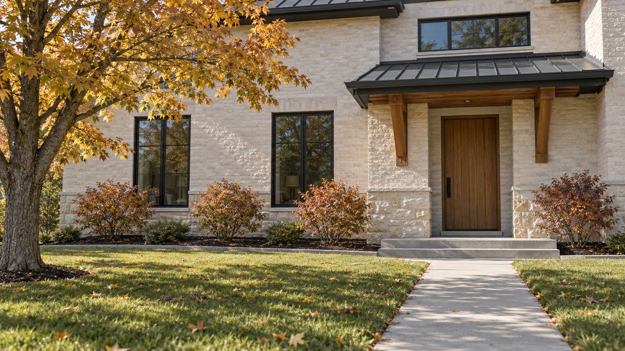 Autumn maple beside a light stone and warm wood home, with black-framed windows and a concrete front approach.