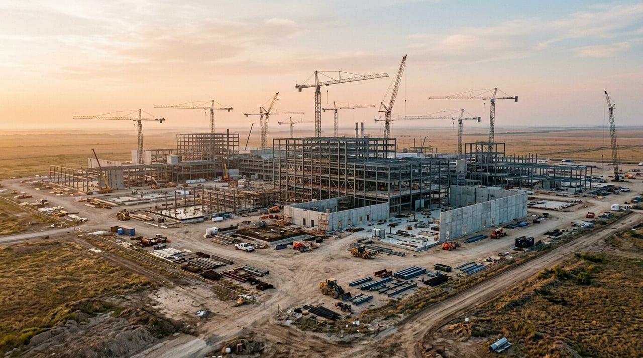 Large semiconductor plant under construction with cranes on flat Texas farmland, the Taylor area east of the north Austin suburbs