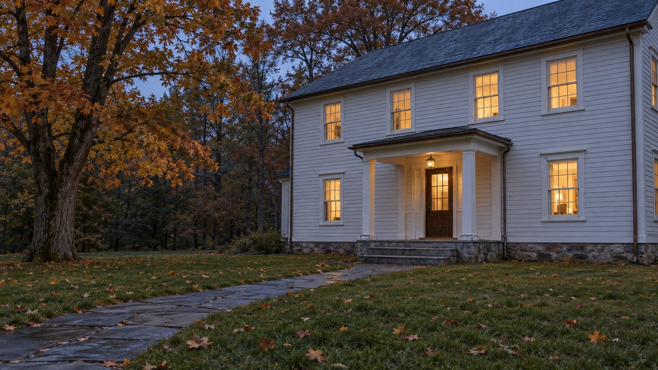 An off-white clapboard house with warm windows, a granite porch and bluestone walk across an autumn lawn beneath mature trees.